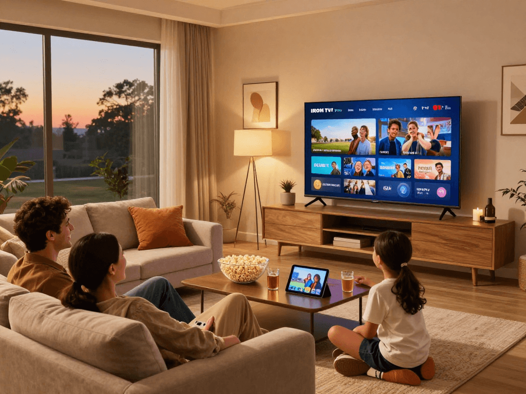 Famille regardant Iron tv sur un téléviseur intelligent dans un salon confortable.