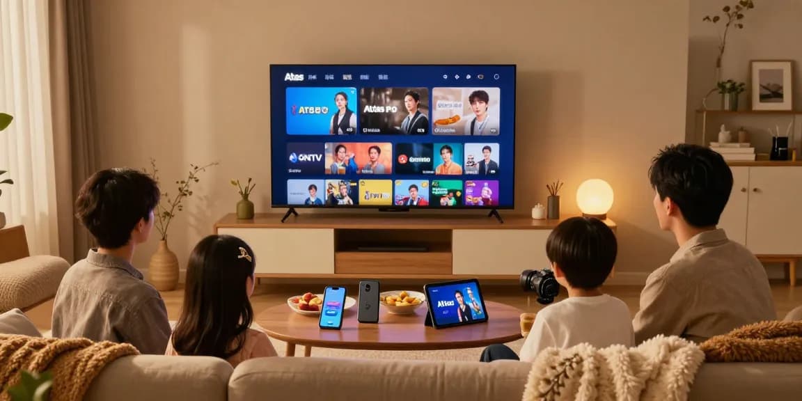 Atlas pro ontv - famille profitant de la télévision et des films en streaming dans un salon chaleureux