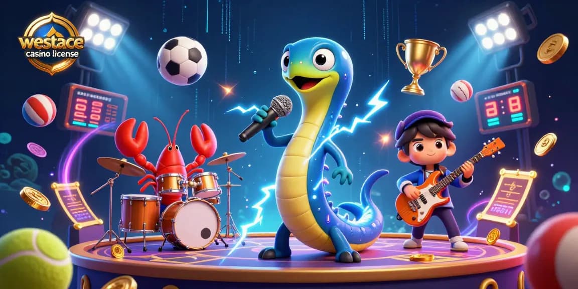 Illustration dynamique représentant la licence westace casino avec une anguille électrique DJ entourée de musiciens sous-marins.