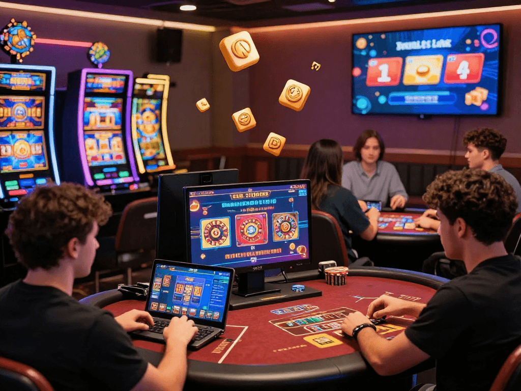 Une scène de nouveau casino en ligne montrant des joueurs diversifiés s'amusant avec des machines à sous et des jeux de table, ambiance chaleureuse et engageante.