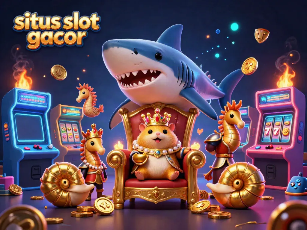 Experience the fun of situs slot gacor with a dynamic illustration of the golden hamster king on a shark tooth throne surrounded by arcade games.
