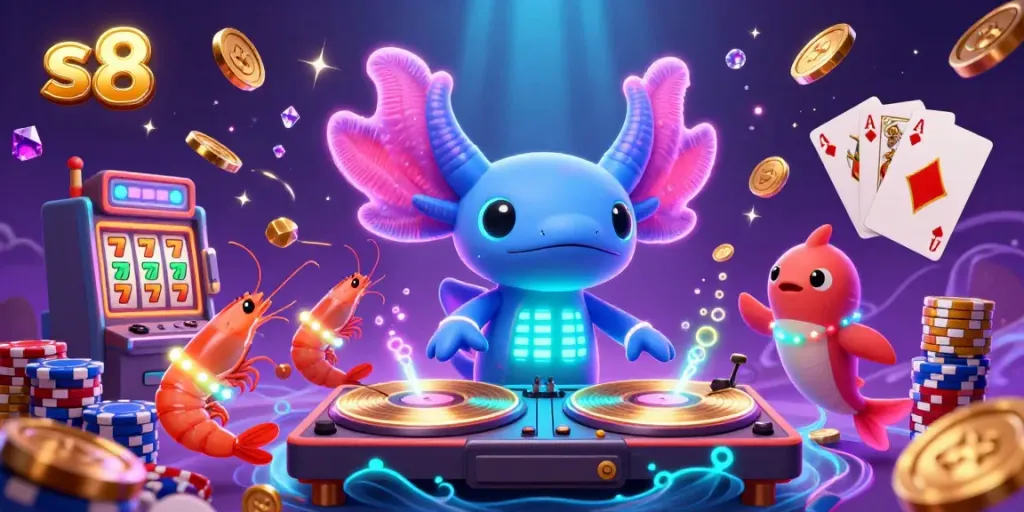 Engaging party scene with s 8 casino elements, featuring a DJ axolotl and friends among flying golden coins.
