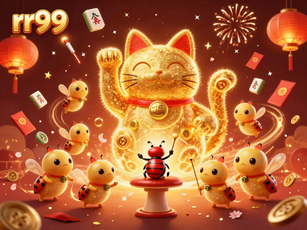Experience the thrill of rr99 with a giant lucky cat surrounded by vibrant casino symbols and festive elements.
