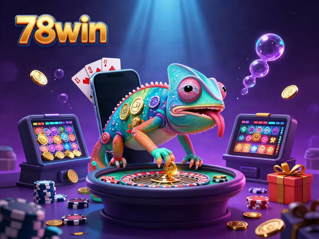 Experience the vibrant casino world of 78win through a playful chameleon character amidst colorful game elements.