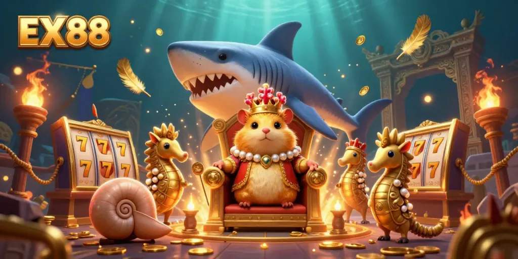 Experience thrilling moments with EX 88 in a vibrant casino scene featuring a golden hamster king.