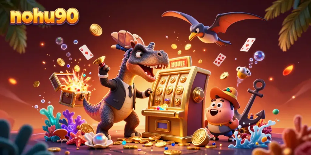 Experience your jackpot thrill with nohu90, featuring dino characters and dazzling casino elements.
