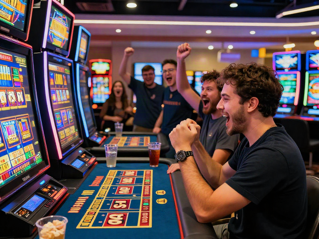 Casino en ligne retrait instantané : joueur célébrant une victoire au casino avec amis et machines à sous.