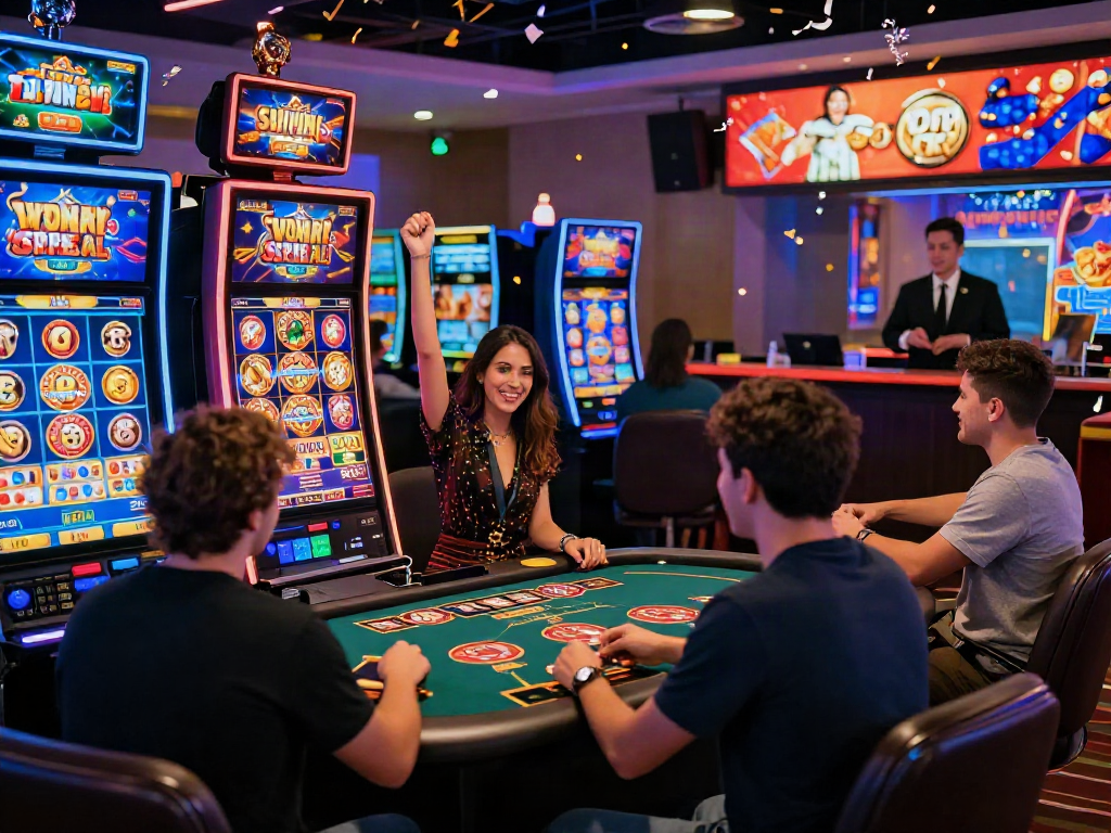 Scène dynamique de casino en ligne le plus payant avec des joueurs célébrant leurs gains.