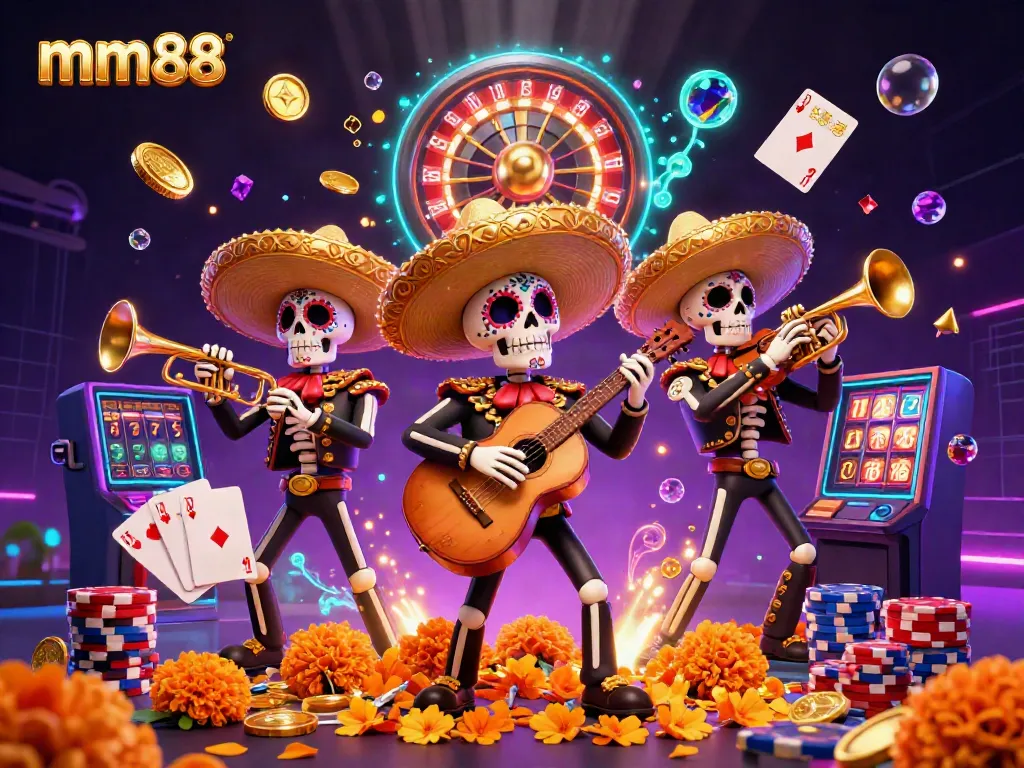 Engage with the vibrant casino scene featuring mm88's lively mariachi band, golden coins, and a spinning roulette wheel.