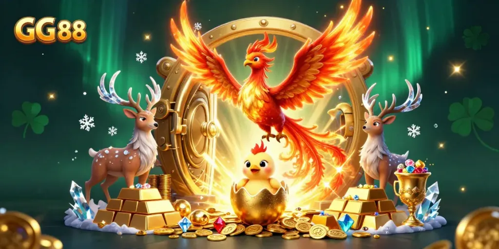 Experience the excitement of GG 88 with a vibrant illustration showcasing a phoenix and treasures in a casino setting.