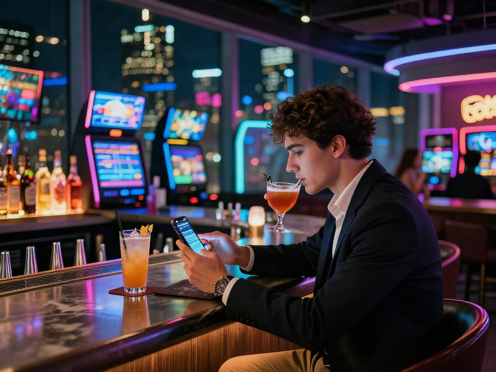 Person utilisant un casino en ligne retrait instantané dans un bar lumineux de la ville