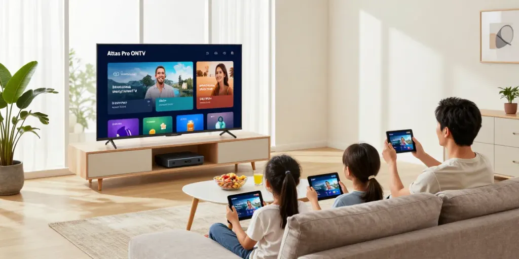 Profitez d'une soirée cinéma en famille avec Atlas Pro ONTV dans un salon moderne.
