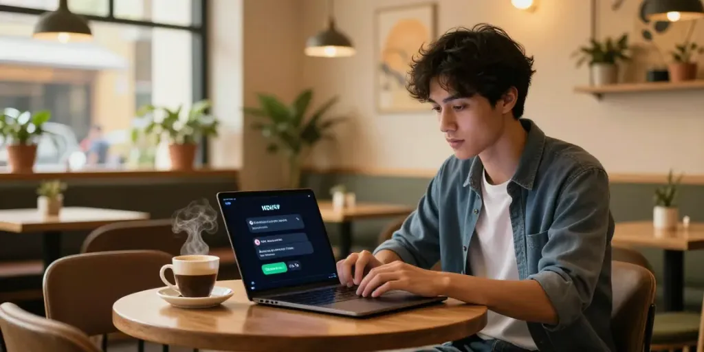 Vibrant café scene with a user chat engaging in nsfw ai chat on a laptop, warm atmosphere.