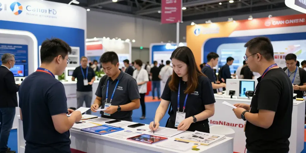 Expositores dans un salon professionnel, visiteurs et exposants interagissant.
