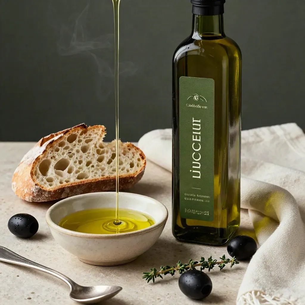 Bouteille d’huile d’olive bio, pain, olives noires et thym dans une lumière chaude.