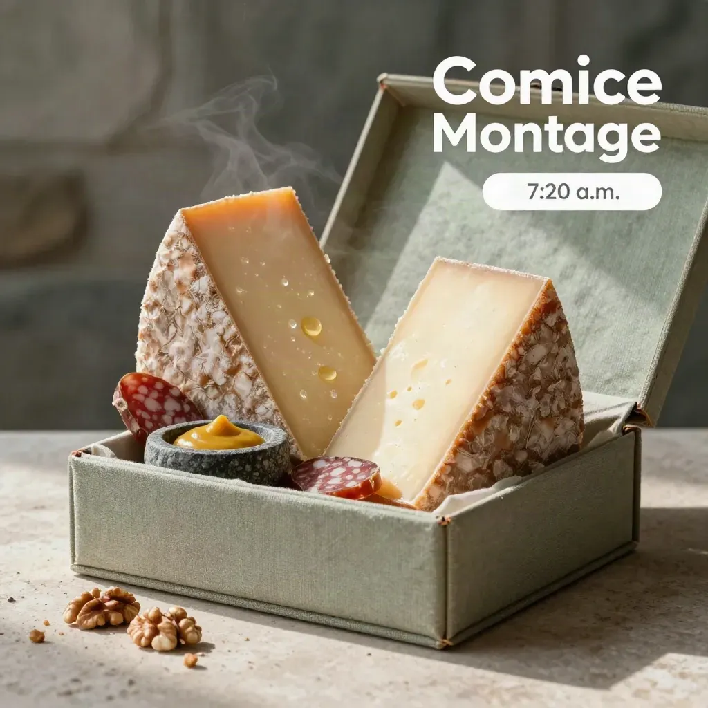 Coffret gourmand ouvert avec fromages, saucisson, moutarde et noix sur pierre claire.