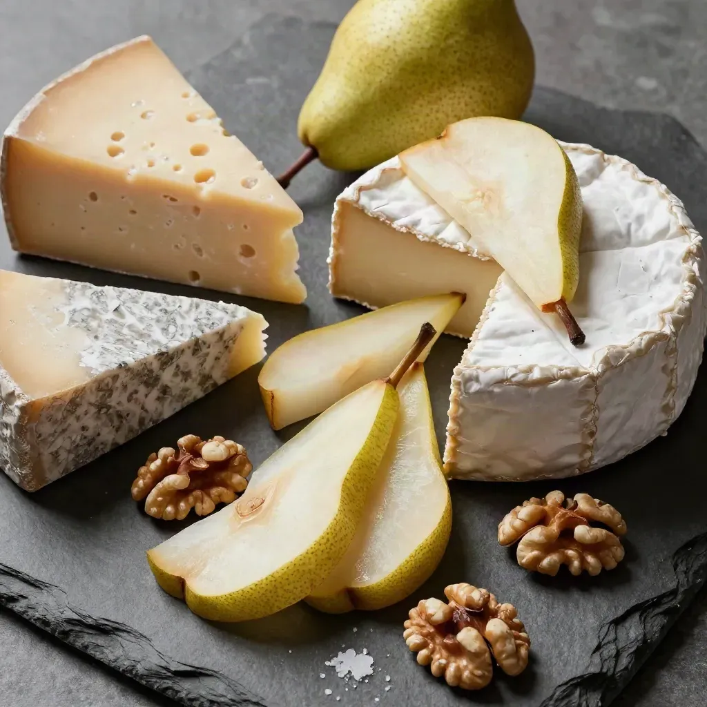 Vue plongeante de fromages affinés, poire et noix sur ardoise, ambiance fraîche et élégante.