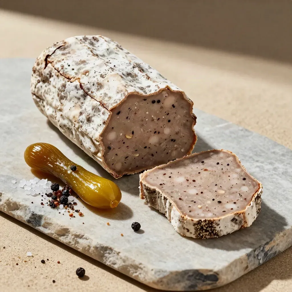 Terrine de campagne au poivre avec cornichons et miettes de pain sur pierre claire.