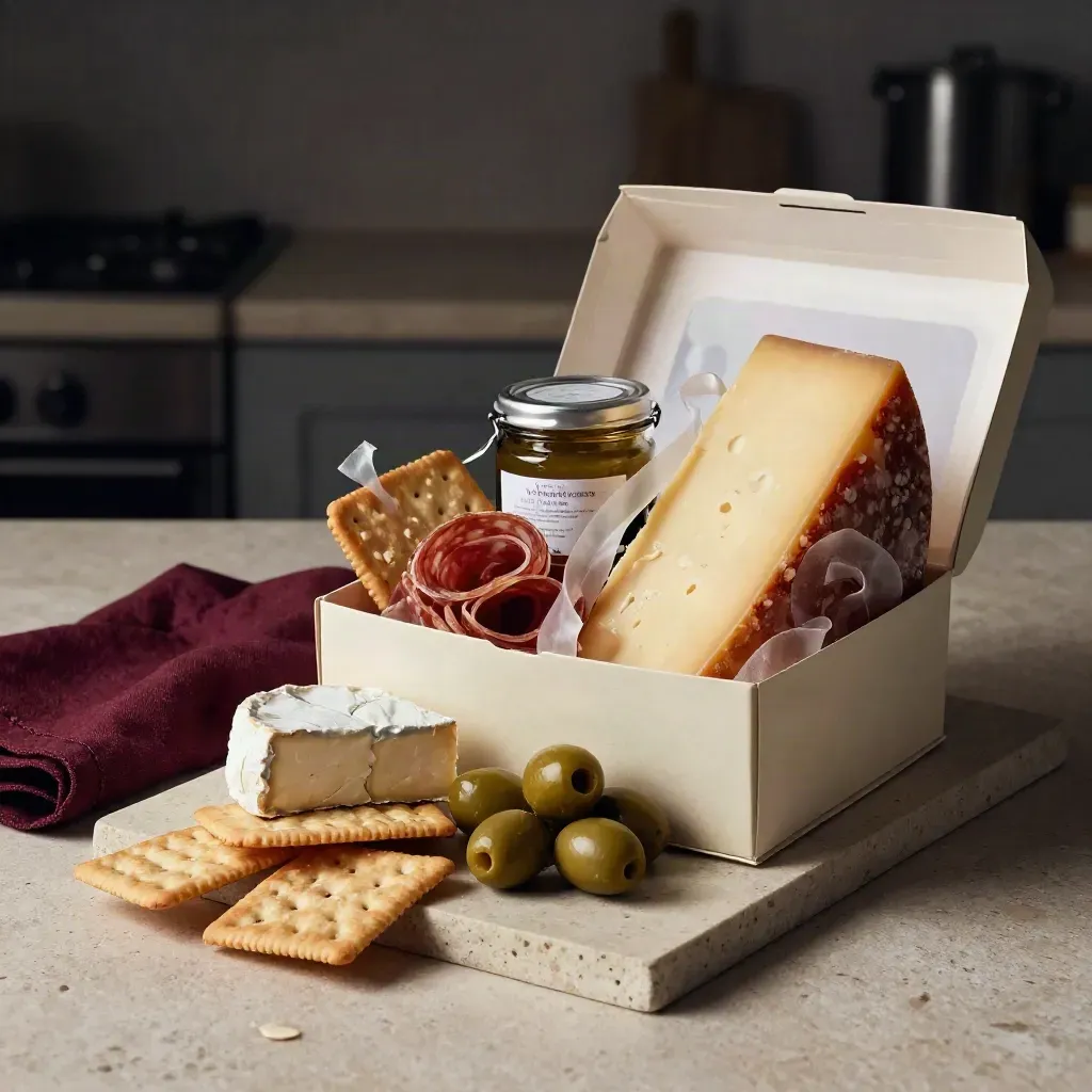 Coffret apéro ouvert sur pierre, fromages, charcuterie, olives et crackers en diagonale.