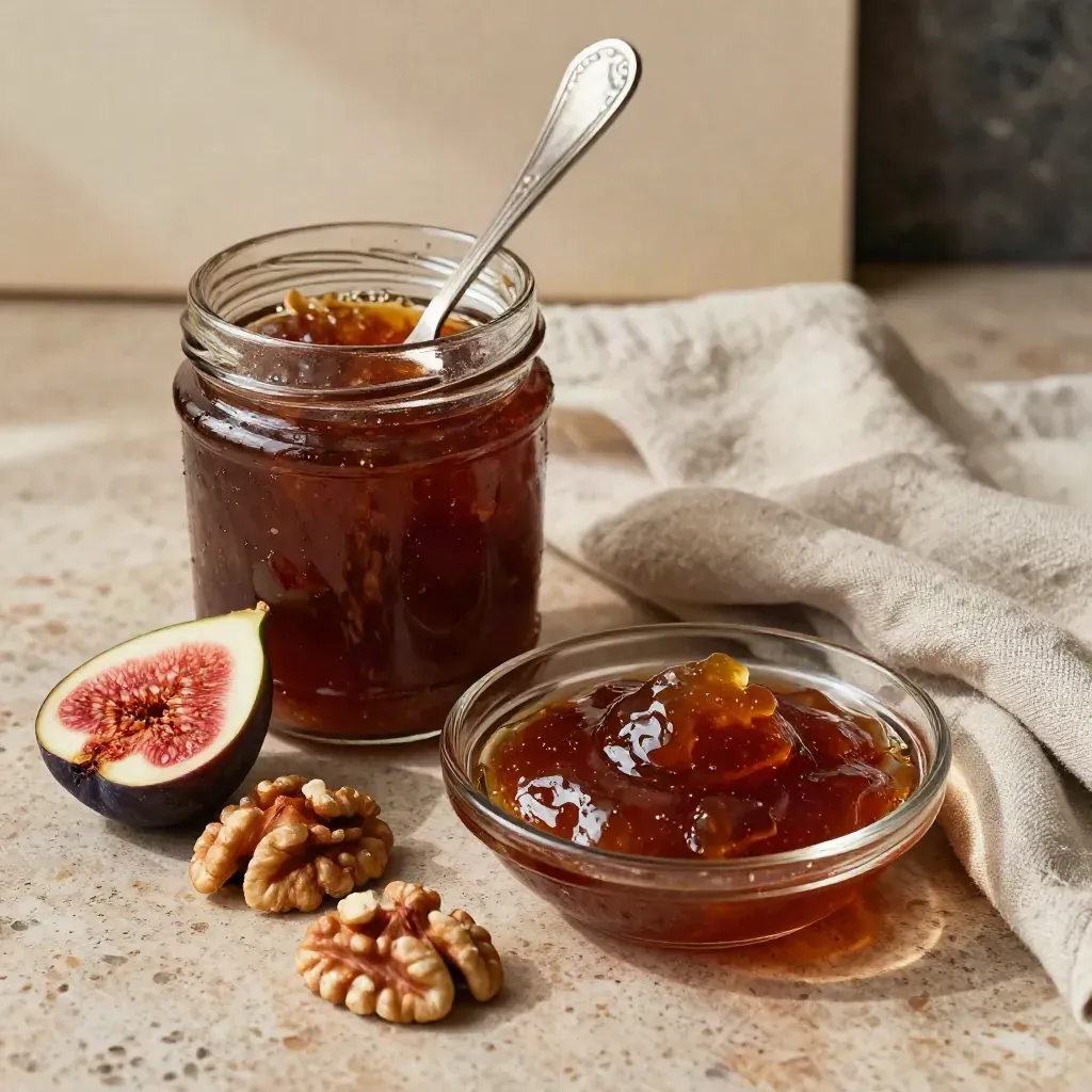 Pot de confiture figue-noix, figues fraîches, noix et linge sur travertin.
