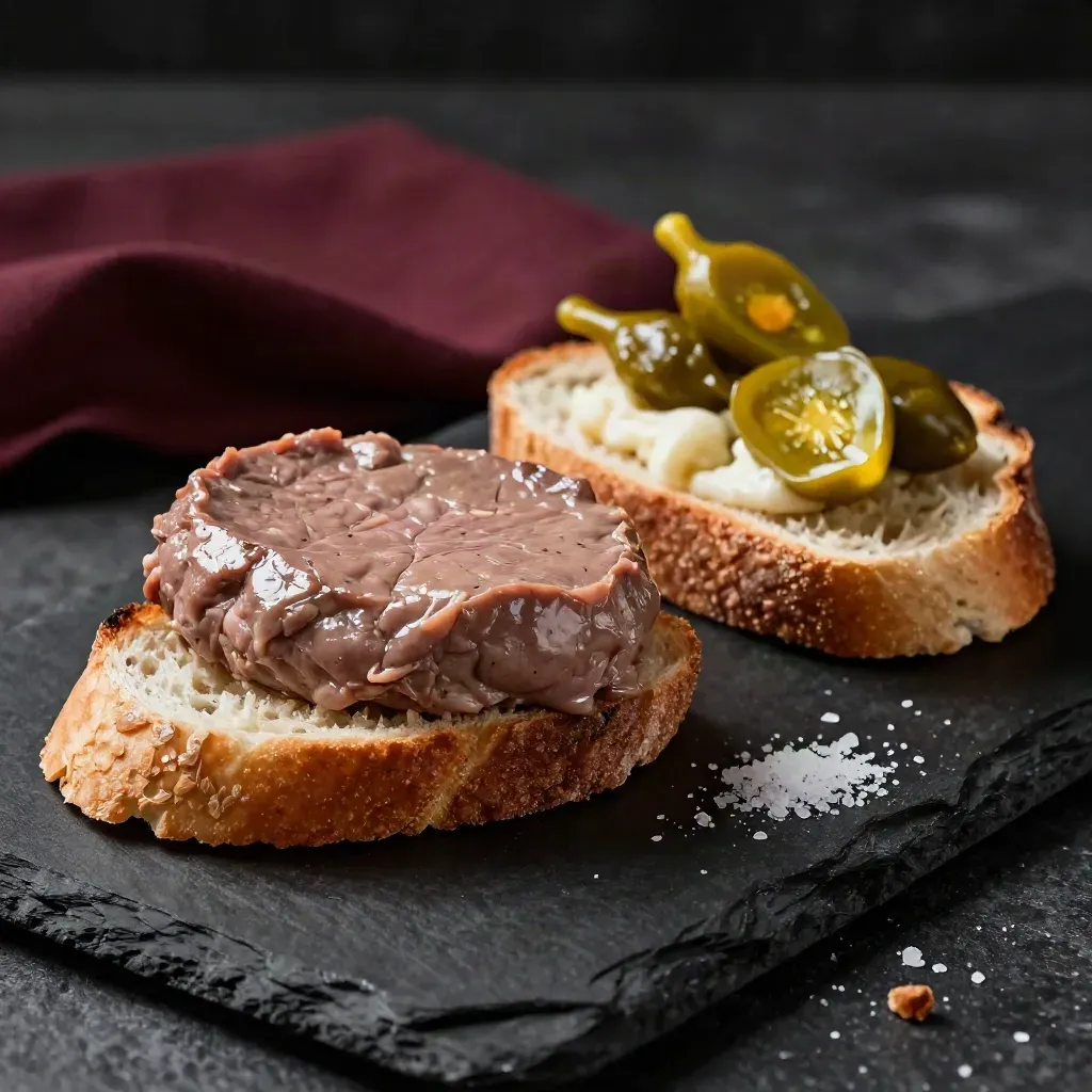Rillettes de canard sur pain grillé, cornichons et fleur de sel, en lumière dramatique.