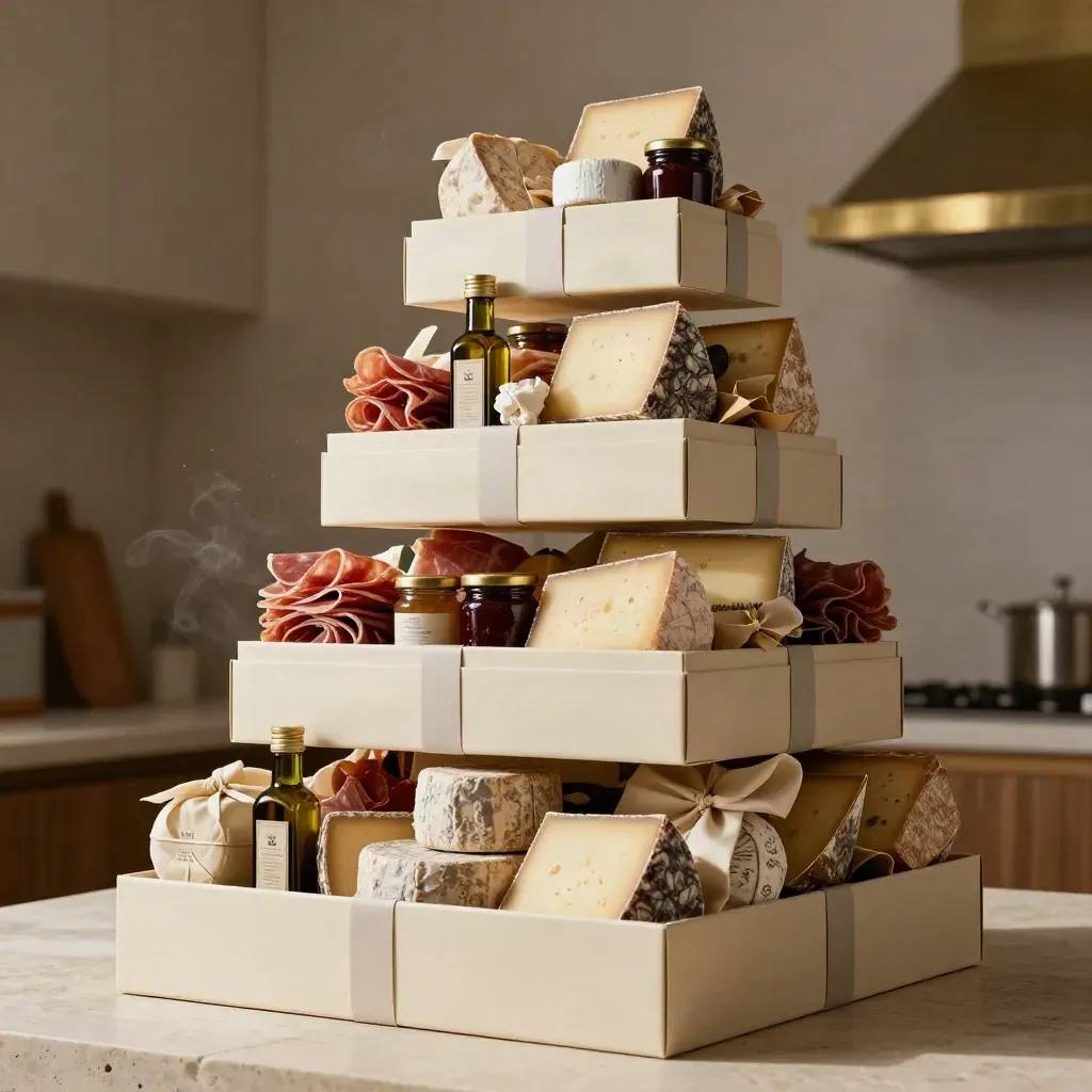 Coffrets gourmands empilés avec fromages, charcuterie et conserves sur pierre claire.
