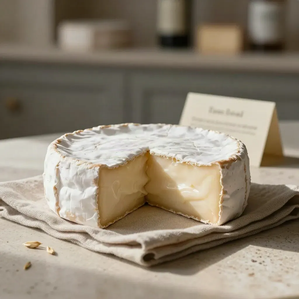 Brie de Meaux affiné ouvert avec une part découpée sur pierre claire.