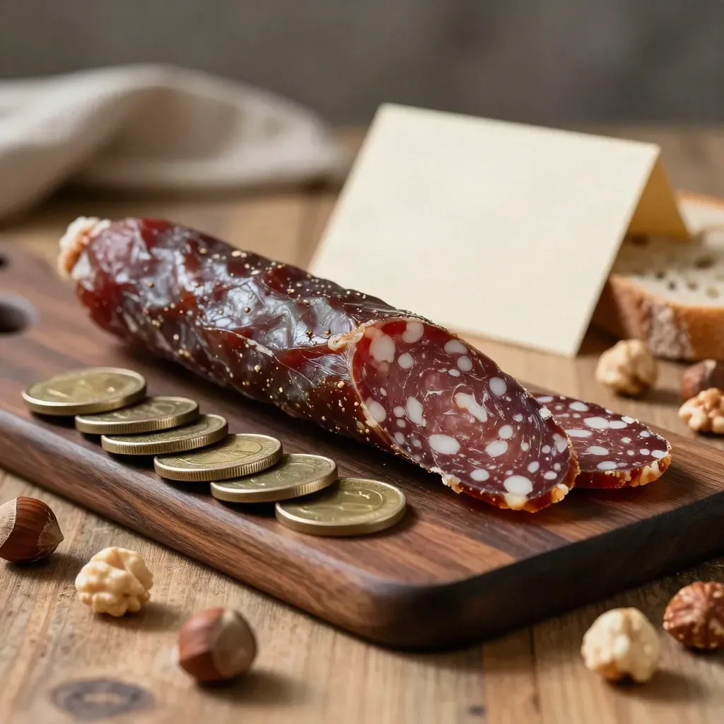 Saucisson aux noisettes tranché avec noisettes et pain sur une planche sombre