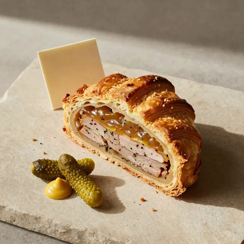 Flatlay de pâté en croûte tranché avec cornichons et moutarde sur pierre claire.