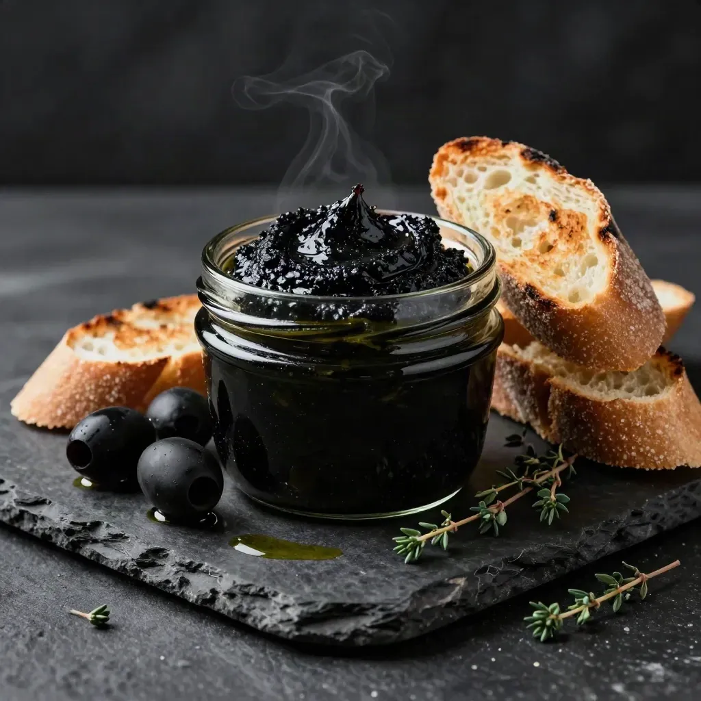 Pot de tapenade noire avec pain grillé, olives et thym sur une dalle de pierre.