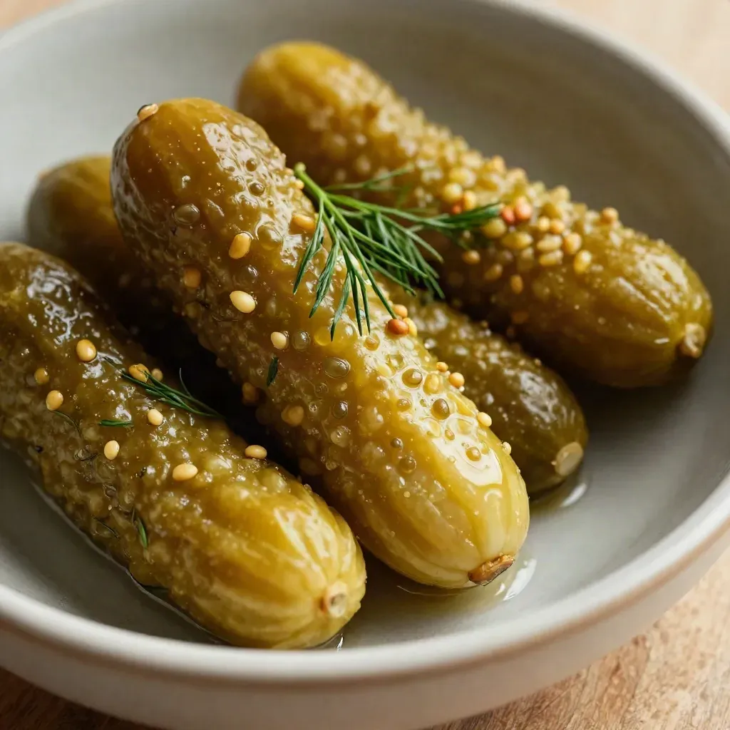 Gros plan de cornichons brillants au vinaigre dans un bol, sur bois pâle avec aneth.