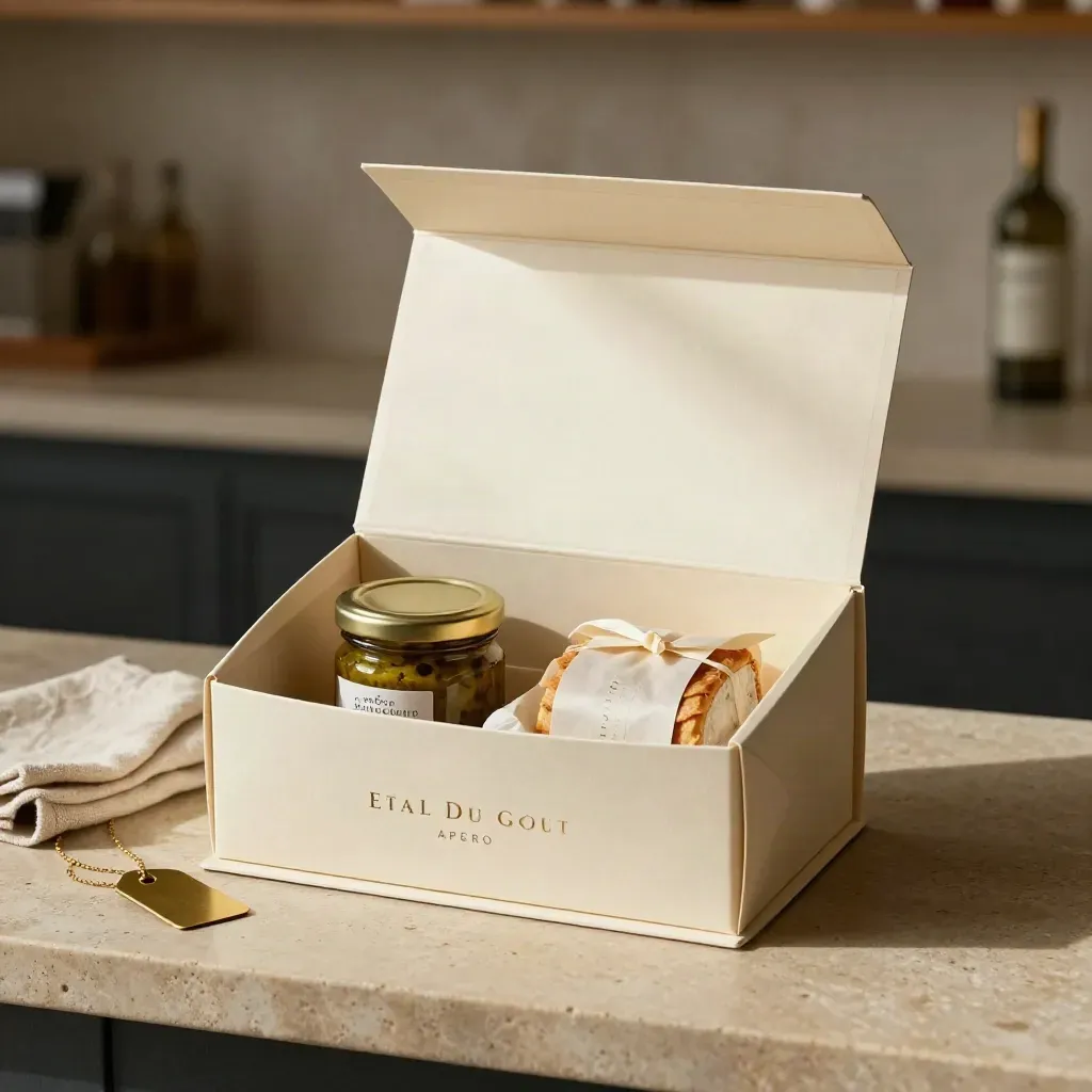 Coffret apéro duo ouvert avec deux produits gourmets sur pierre claire et ruban doré.