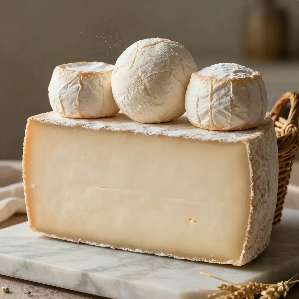 Panier en osier et fromages ronds sur marbre clair, lumière douce et espace calme.