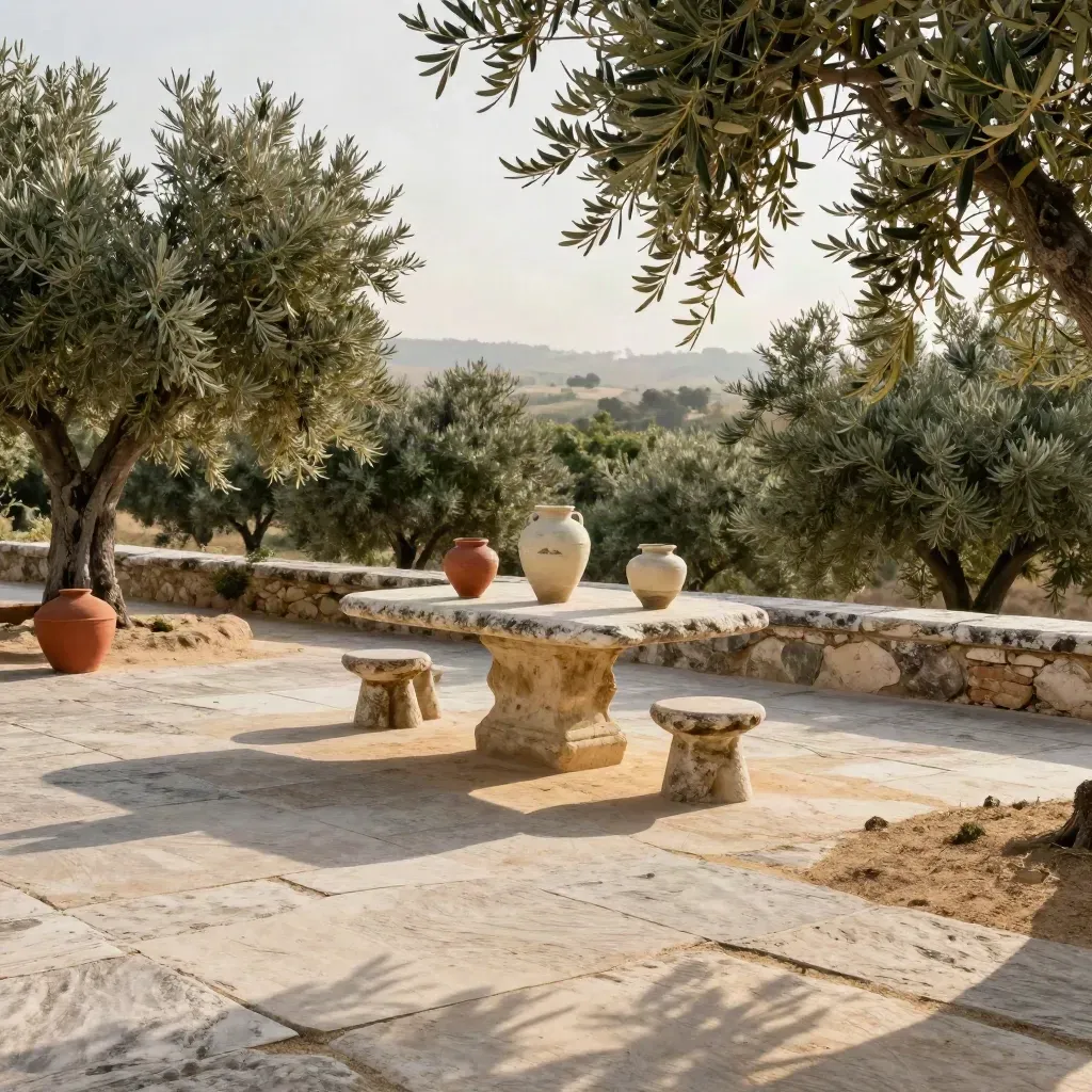 Terrasse d’oliviers avec table de pierre, vases en céramique et brume dorée.