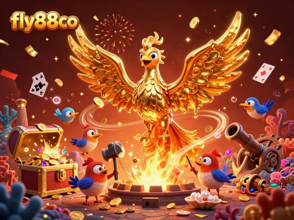 Experience the excitement of fly88co with a golden phoenix and vibrant casino treasures.