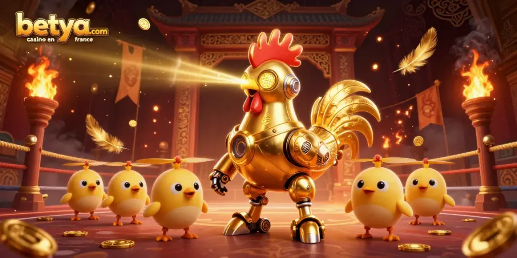 Engage with betya.com casino en ligne france in a vibrant scene featuring a retro-futuristic rooster robot capturing the thrill of gaming.