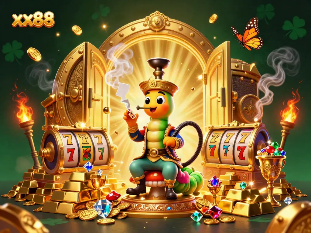 Engage with the xx88 world of gambling through this vibrant 3D casino illustration, featuring a caterpillar sultan and riches.