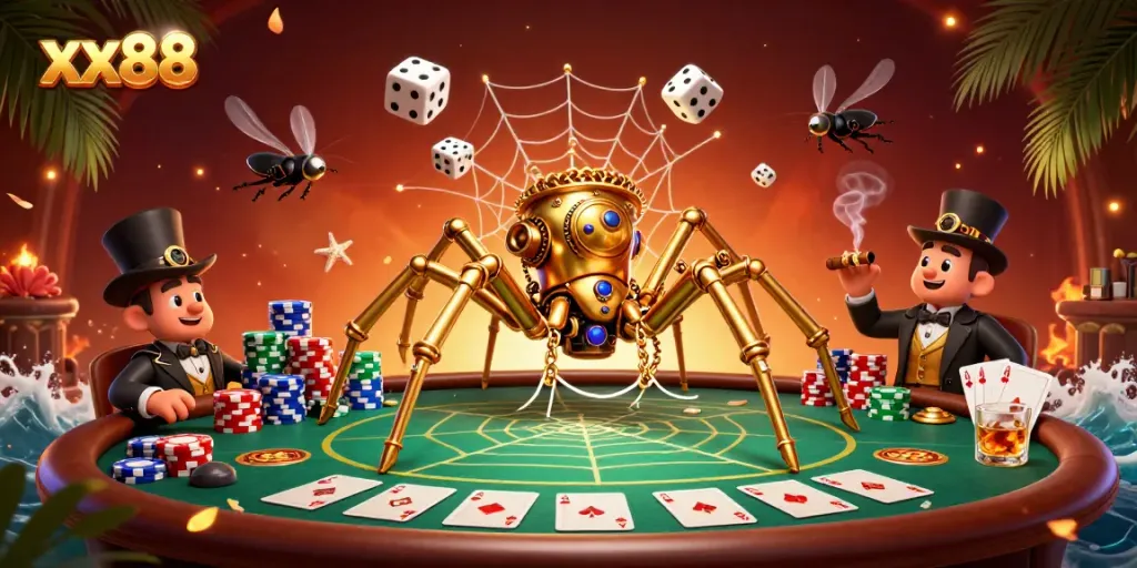 Engaging scene of xx88 showcasing a steampunk golden spider and poker game elements, highlighting casino excitement.