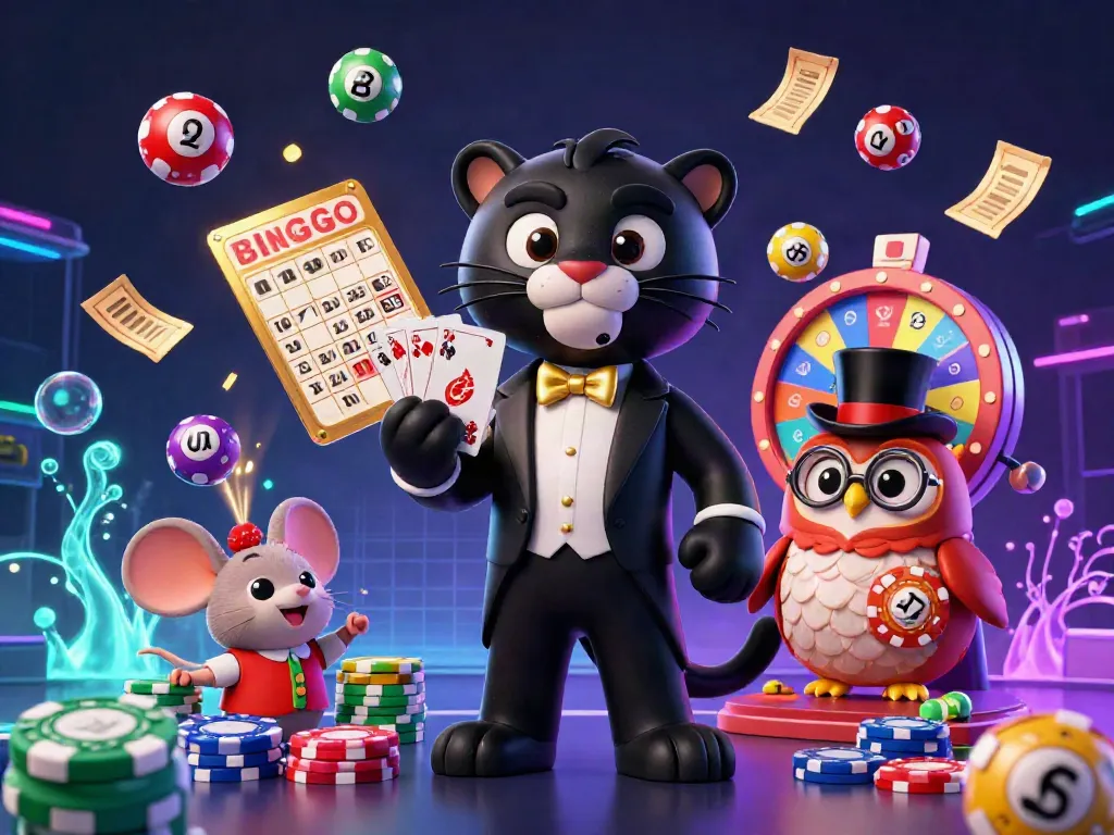 Engaging scene with gg88 characters as a stylish black panther deals cards, surrounded by lively casino elements.