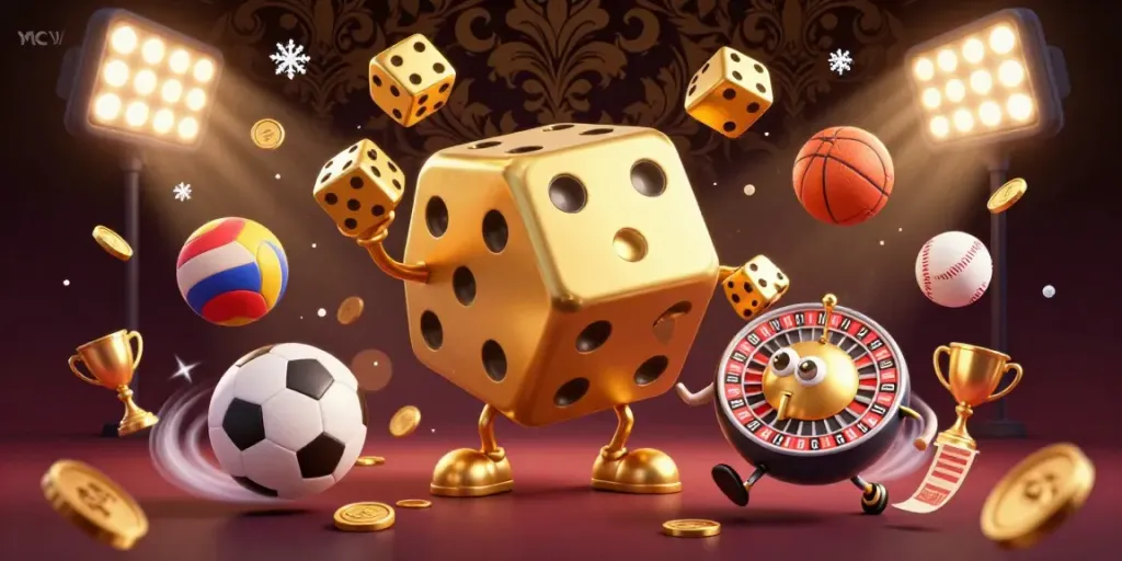 MCW showcases a vibrant 3D casino scene with golden dice and sports elements for thrilling gameplay.