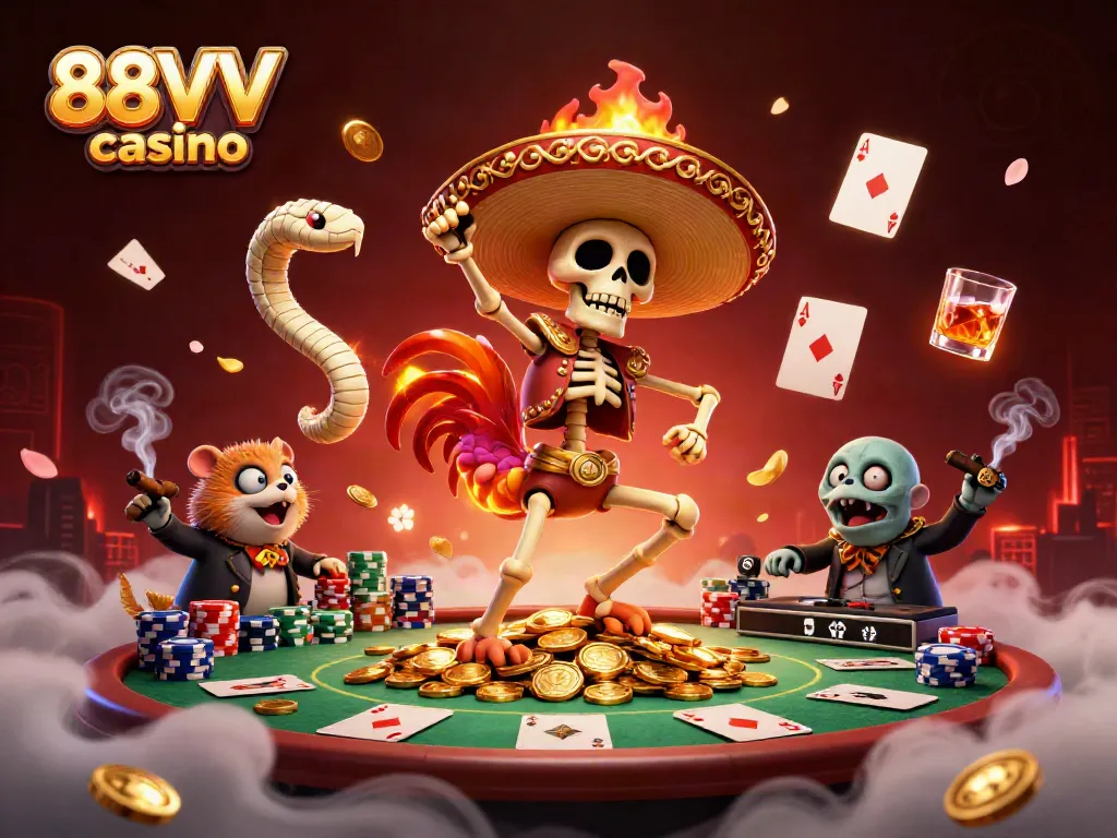 Experience the thrill of 88VV casino with cartoon characters celebrating on a pile of gold coins.