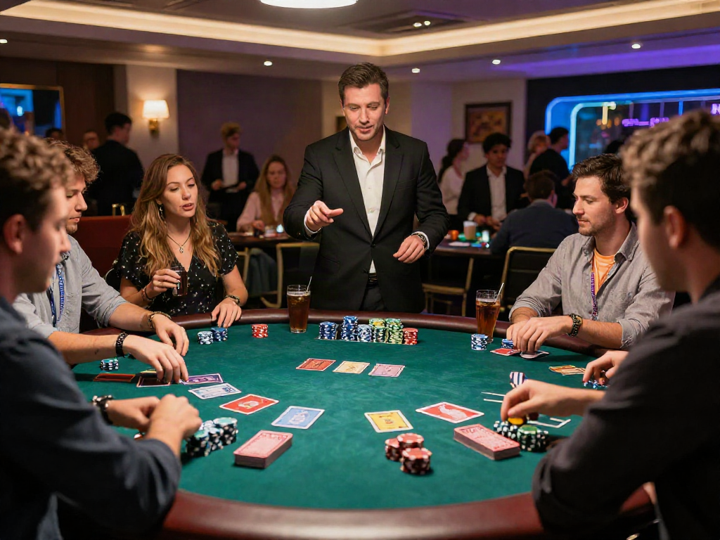 Casino français en ligne avec joueurs à une table de blackjack, ambiance animée et conviviale.