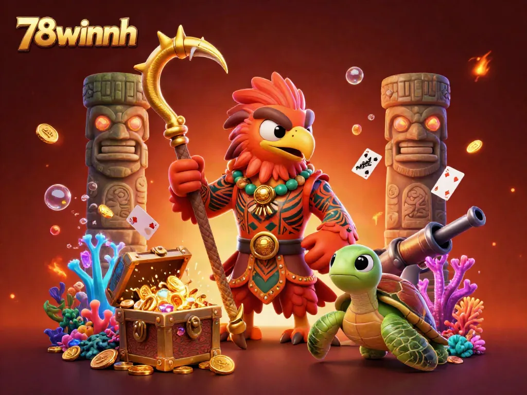 Engage in thrilling fun at 78winnh with gold coins erupting from treasure while gaming.