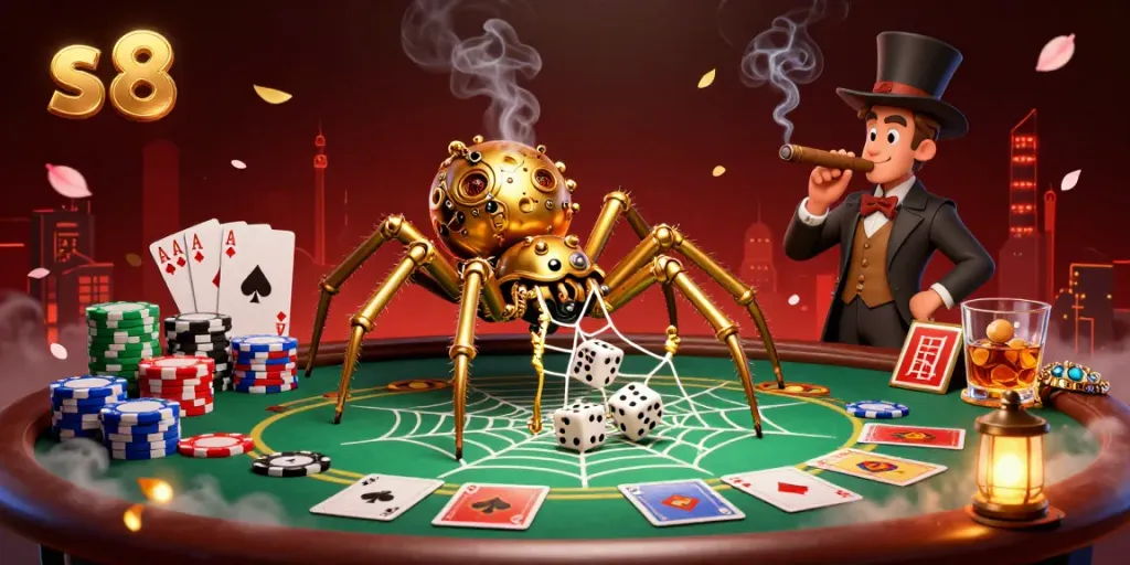 Engage in the thrilling world of s 8 as a steampunk spider weaves its luck-filled web amidst vibrant poker scenes.