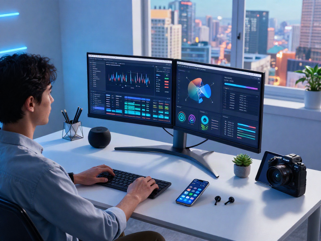 Scène de bureau moderne avec Atlas pro ontv et gadgets technologiques.