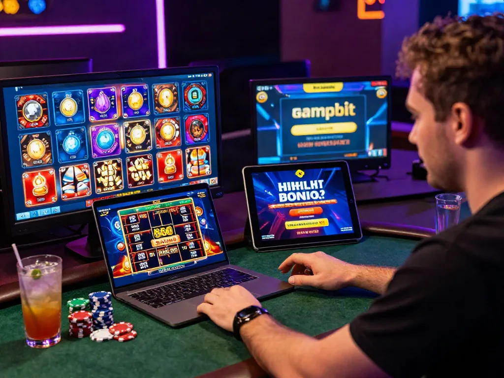 Scène de jeu en ligne dynamique avec un joueur engageant sur 666Gambit Casino, entouré de jeux colorés et d'éléments de casino.