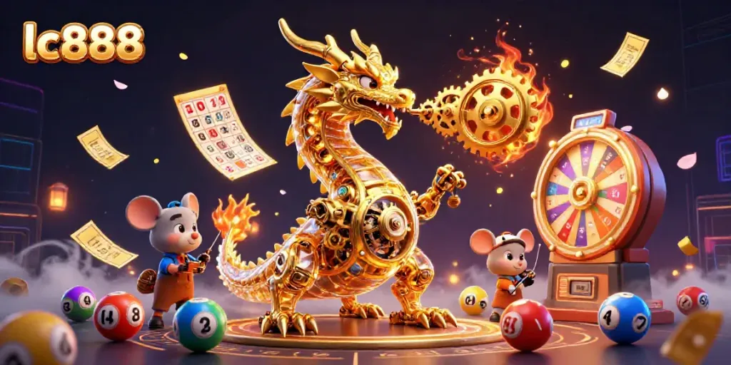 Engage with lc888 as a golden dragon and mouse engineer create a vibrant casino scene filled with lottery games.