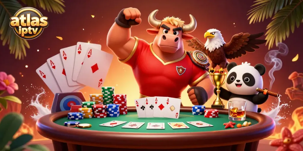 Vivez l'excitation des jeux avec atlas iptv sur une illustration dynamique de personnages 3D colorés.