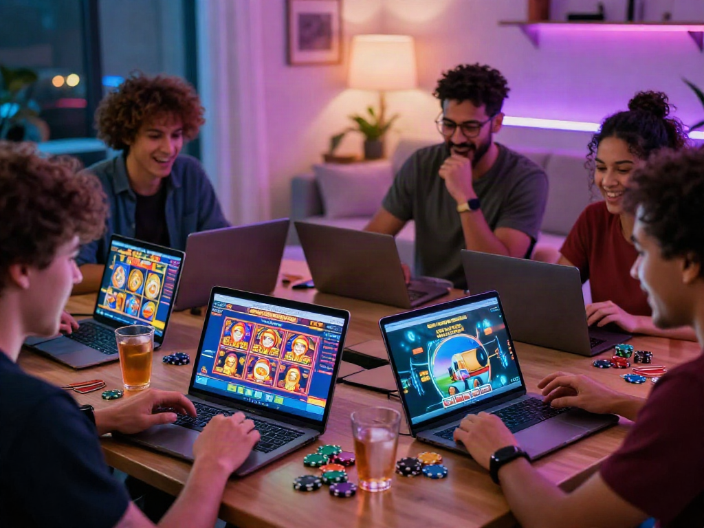Scène de casino en ligne avec retrait instantané, joueurs utilisant des ordinateurs portables et des tablettes, ambiance dynamique et excitante.