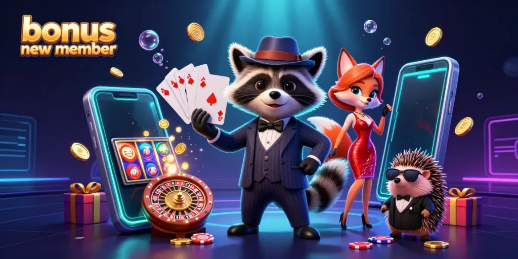 Experience the thrill of winning with the bonus new member promotion illustrated through charming characters and vibrant casino elements.